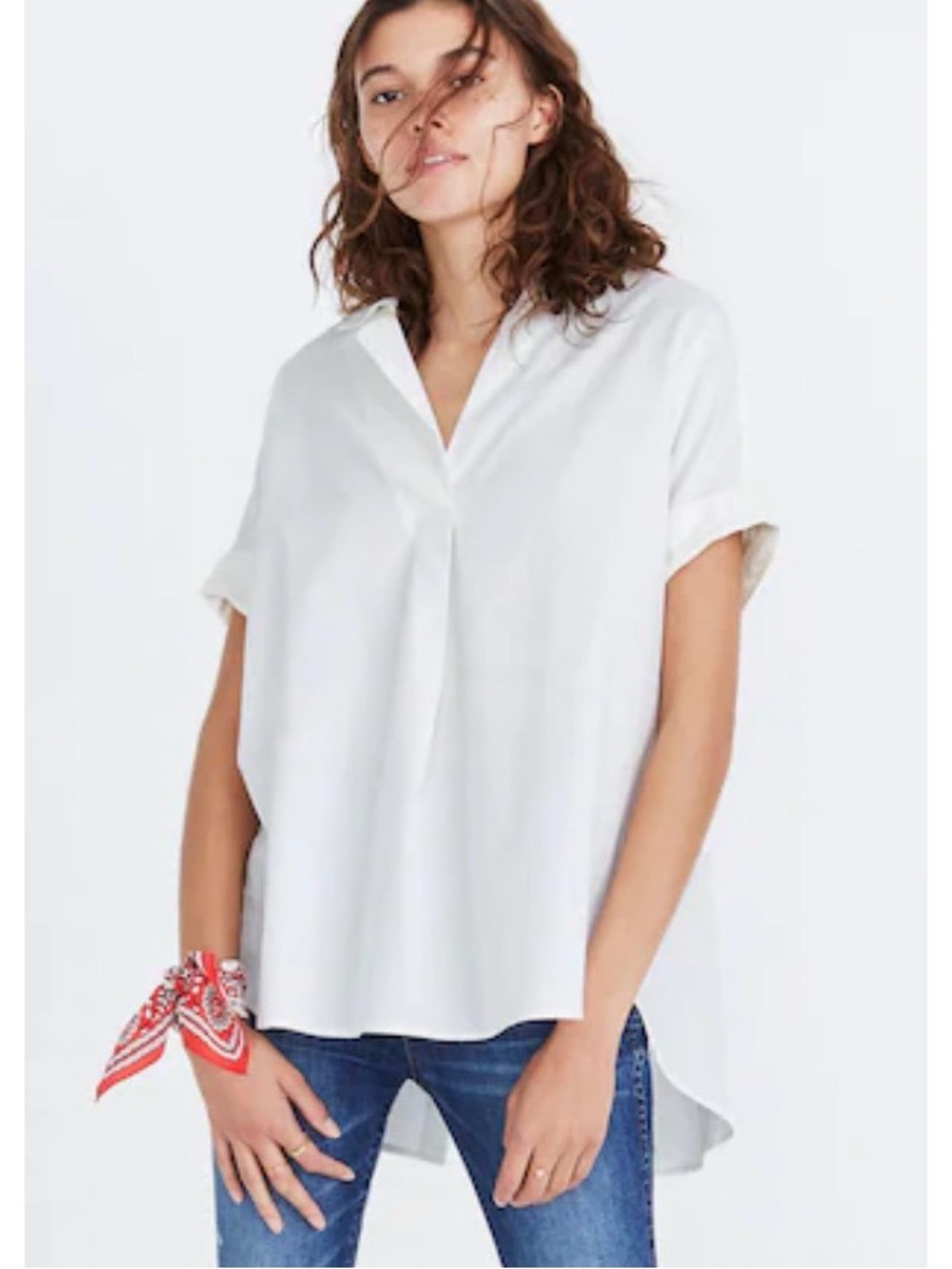 White Split-Hem Short Sleeve Blouse - Lightweight Womens Top